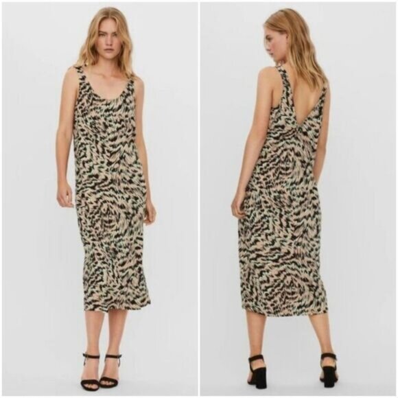 VERO MODA Mille Sleveless Calf Midi Dress Stretchy Pull-Over Abstract Sz M - Picture 1 of 15